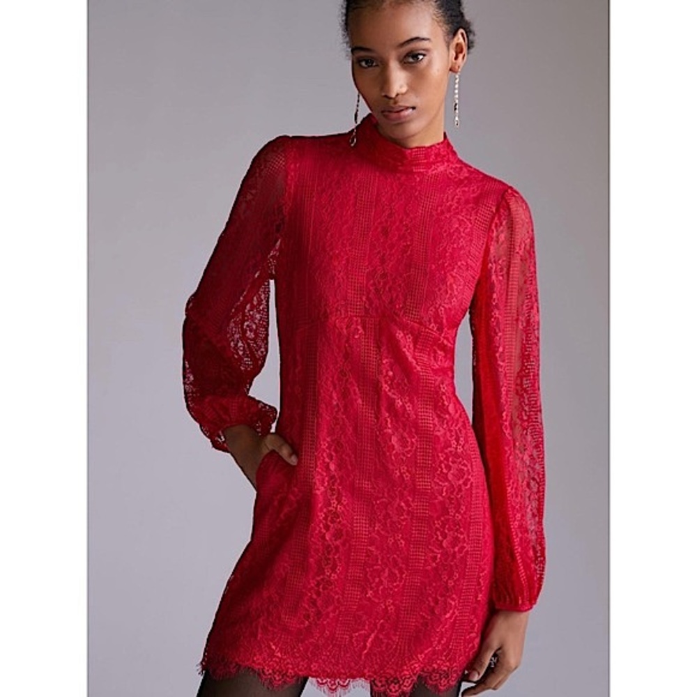 Maeve Anthropologie NWT Backless Lace Long Sleeve Dress - Red
